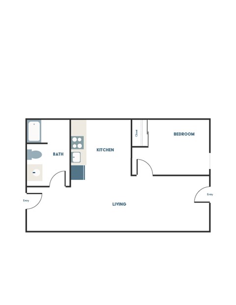 A floor plan of a living space with a kitchen, bathroom and bedroom.